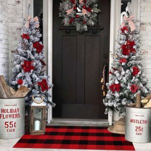 VIKAMA Christmas Door Mat Red Black Plaid Merry Christmas Funny Quote Farm Fresh Non Slip Entryway Rug Holiday Decor Washable