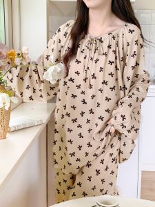 Loose Long Sleeve Cotton Silk Sleepwear Womens Home Clothes Set plus Size Comfortable Breathable Spring Summer Autumn Cute