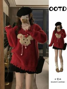 plus Size Red Loose V-Neck Sweater Womens Autumn Winter Style Christmas New Years Clothing Knitted Top Commute Style Slim Fit