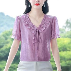 French Style Chiffon Shirt Womens Short Sleeve Loose Slimming Top Beautiful Summer New Arrival Moms Fashionable Young-looking Small Shirt