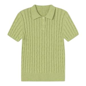 YUEZHONGWEI | Retro American Green Knitted Short Sleeve T-Shirt Womens Slim Fit Polo Shirt Summer Top Henry Collar Pure Color Sweat Absorbent