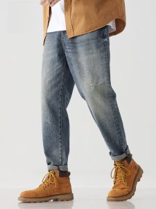 ROMON | Romon Mens Retro Denim Jeans Thickened Straight Leg Loose Fit Casual Long Trousers Autumn Winter Fashion Brand Youth Wear
