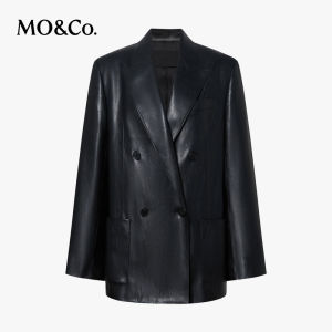 MO&Co. | Áo Blazer Dây Đệm Vai Da Giả Đen Dáng Rộng Cao Ở Hông