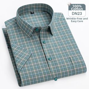 Summer Oxford Cloth Mens Short Sleeve Shirt Casual No Ironing Plaid Half Sleeve Daily Top Fashionable Urban Style Standard Fit