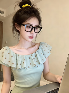 HUOLISI | French Style Polka Dot Ruffle Off-shoulder Slim T-shirt