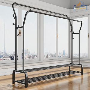 2 ชั้น ราวตากผ้า ราวแขวนเสื้อผ้าบาร์คู่ พร้อมชั้นวางของ วางรองเท้า โครงเหล็ก ตะขอแขวนเหมวก รองรับน้ำหนัก 70kg พร้อมส่ง