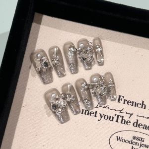 Handmade Ice Transparent Flashing Black Obsidian Wearable Nail Tips with Glass Beads Butterfly Knot Large Diamond Beauty Nail Pieces