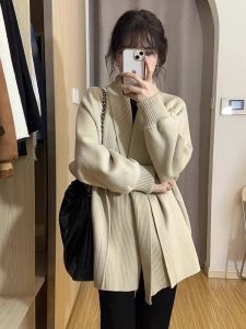Hong Kong Style Retro Chic Knitted Sweater Coat Womens Autumn Winter New Black Lazy Vintage Open Cardigan Long Sleeve V-Neck
