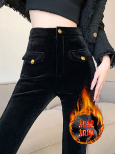 Black Fancy Corduroy Bootcut Trousers Female Fall and Winter High Waist Slimming and Velvet Padded Thickened Chenille Split Mop Pants