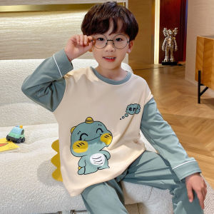 Cartoon Dinosaur Boys Sleepwear Pure Cotton round Neck Long Sleeve Childrens Spring Autumn Casual Loose Home Clothes Set