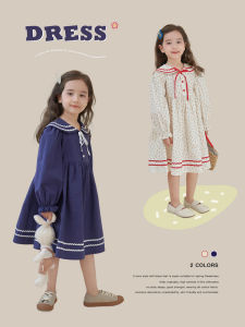 Princess Style Long Dress for Girls Spring Autumn New Fashion Childrens School Uniform Style Baby Navy Collar Trendy Dress