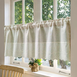 Beige Splicing Short Curtains Valance For Kitchen Cafe Barrier Natural Linen Blended Semi-translucent Small Half Curtain Voile