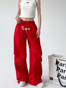 Fall American Retro Sport Pants Womens 2024 Style Casual Loose Straight Leg Slimming Wide Leg Red Pants High Waist Long Trousers