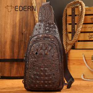 EDERN New Crocodile Pattern Mens Chest Bag Fashion Retro Genuine Leather Crossbody Bag Outdoor Travel Sling Bag Large Capacity Chest Pouch