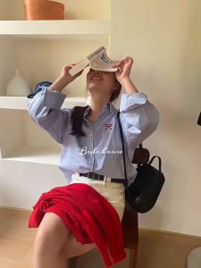 TQ Korean Bow Embroidered Shirt Womens Autumn and Summer Niche Chic Casual Loose Striped Blouse Top W444