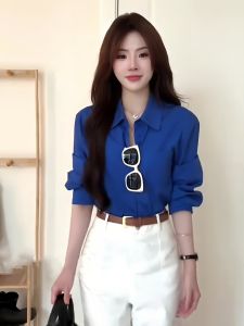 Elegant Polo Collar Single Button Loose Womens Shirt Pure Color Simple Outerwear Top Fashionable Early Autumn New Arrival