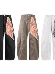 Quần Ống Rộng American Retro Plaid Scarf Splicing Casual Loose plus Size Mens Knife Edge Pants Straight Leg Polyester Fiber