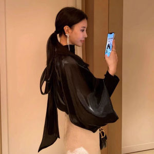 Áo Sơ Mi Nữ Kiểu Pháp Dáng Rộng Cổ Đứng Tay Đèn Lồng Thắt Lưng Cao Cấp Thu Đông 2025 Chất Liệu Khác Màu Trơn