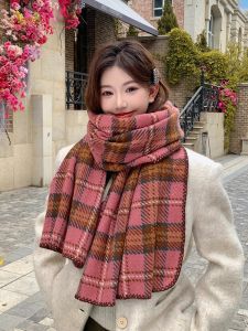 Womens Winter Scarf Thickened Woolen Plaid Neck Warmer Korean Style Versatile Warmth Student Balaclava Fashionable Accessory