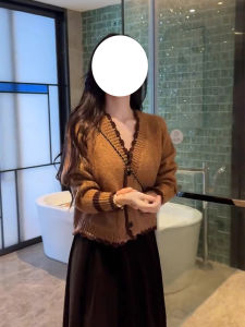 Winter Fashion Elegant Lazy Style Color Contrast V-Neck Knit Cardigan