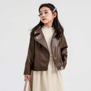 TINIKENG Girls Leather Jacket Short Style Fashionable Spring Autumn Kids Korean Version PU Coat Childrens Outerwear