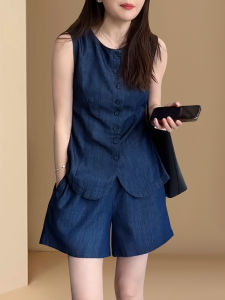 Fashionable Street Style Slimming Age-Defying Summer Set Womens Sleeveless Vest Shorts Casual Ensemble round Neck Button-Up