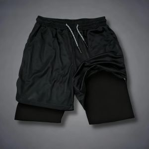 Anime Demon Slayer Fitness Double-layer Fake Two-piece Shorts 2025 Summer Men Women Loose Sports Training Running Casual Pants