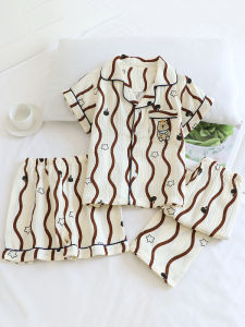 Childrens Summer Thin Pure Cotton Flannel Sleepwear Three-Piece Set Short Sleeve Pants Shorts Full Cotton Home Clothes for Boys