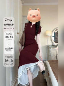 Qipao ยาวสไตล์จีนสีแดง เดรส ผู้หญิง ฤดูร้อน พรางหุ่น ทรงเอ Midi เดรส สูง เอว แขนสั้น ลำลอง เดินทาง เดรส