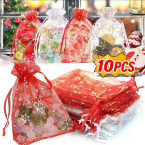 YESPERY 10Pcs Snowflake Foil-printed Gauze Bags Christmas Snowflake Drawstring Pouch Wedding Candy Jewelry Gift Bag Christmas Decoration ﻿