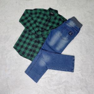 Setelan Anak Murah Kemeja Flanel & Jeans Panjang Umur 1-13 tahun