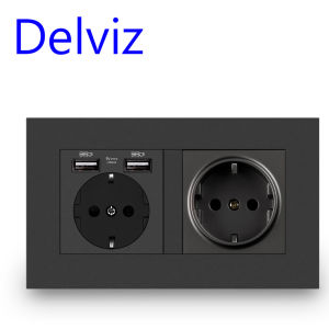 ปลั๊กไฟคู่ Delviz พอร์ตชาร์จในครัวเรือน โครงสร้างโครงเหล็ก มาตรฐาน EU 16A 220V~250V ปลั๊กไฟติดผนัง USB แผงสีเทา