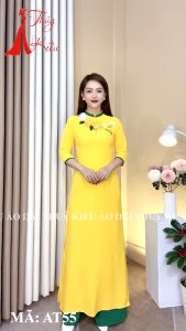 Áo dài thiết kế lụa mỹ AT55 nền vàng đính hoa cổ phối xanh may sẵn dự tiệc hội họp đám cưới Ảnh thật tự chụp sẵn hàng
