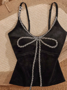 Áo Ba Lỗ Nhung Ngắn Không Tay Gợi Cảm Cho Nữ Áo Lót Bên Trong Mùa Thu Đông Mới Thiết Kế Nhỏ Có Nơ Bướm