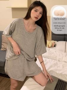 Bộ Đồ Ngủ Cotton Mùa Hè Phong Cách Hàn Quốc Cho Nữ Áo Tay Ngắn Rộng Rãi Quần Short Có Đệm Ngực Mặc Ở Nhà Có Thể Mặc Ngoài Trời