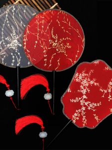 Red Silk round Fan Traditional Chinese Hanfu Womens Fan Transparent Gold Embossed Classical Chinese Style Daily Use Fan