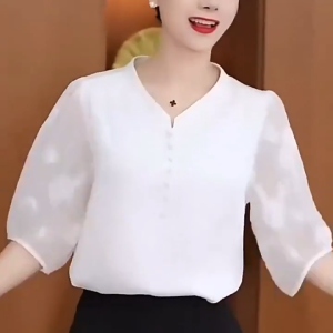 Womens V-Neck Button Shirt Lace Stitching Sleeve Fashion Shirt Stylish Middle Sleeve Solid Color Elegant Top