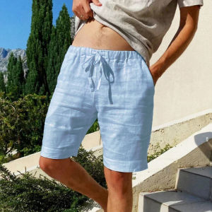 Mens Solid Color Casual Short Pants Beach Breathable Loose Straight Shorts Vintage Lace-up Drawstring Men Shorts