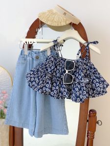 Summer Outfit for Girls Floral Print Halter Neck Top And Wide Leg Jeans Nine Points Pants Two Piece Set Korean Style Cotton Blend