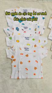 Combo 5 bộ quần áo sơ sinh Dài Tay  Cộc Tay cài cúc chéo vải thun lạnh cao cấp co giãn 4 chiều 0-9kg có tách lẻ 3 bộ