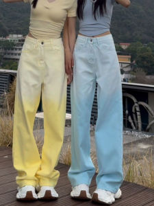 Quần Jeans Ống Rộng Cạp Cao Phong Cách Mỹ Retro Gradient Màu Cho Nữ Quần Dài Dài Đến Sàn Ôm Dáng Thẳng Thời Trang
