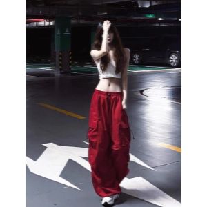 Red Loose Womens Casual Pants High Drape Long Trousers Spring Summer Straight Leg Slimming Workwear Street Style