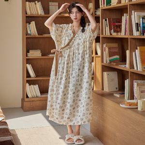 miiow | Cat Woman Sleep Dress Womens Short Sleeve With Chest Pad Mid-Length Gown Outdoor Wear Home Clothes Summer Sweet Style V-Neck Floral Pattern