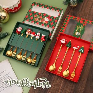 【Desertoasis】4/6Pcs Christmas Gift Spoon & Fork Sets Coffee Spoon Fruit Fork Creative Dessert Spoon Elk Christmas Tree Decoration Cutlery Gift