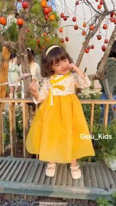 Áo dài Hanbok cho bé gaái chất liệu nhung Text Hàn Quốc cao cấp GELU KIDS váy đầm đi chơi mặc tết Size từ 9-27kg-B093