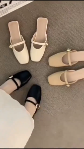 Fashion Womens Sandals with Heels Leather Square Toe Half Slipper