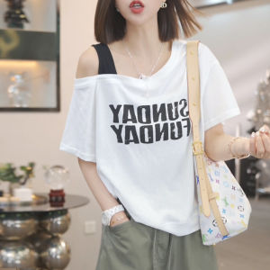 Shalldoer | Áo thun tay ngắn in họa tiết thời trang mùa hè cho nữ dáng rộng thoải mái cổ chéo thường ngày