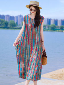High-End Cotton Silk Dress Womens New Style Beachwear Summer Artificial Cotton Loose plus Size Outerwear Long Skirt