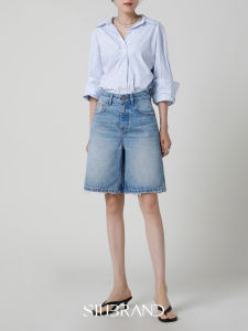 SIUBRAND | High Waist Loose Fit Short Jeans Womens Summer Thin Cotton Denim Breathable Comfortable Wear Resistant Stretchable Blue Color