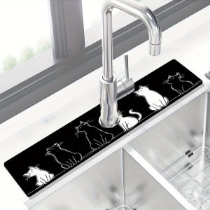 VIKAMA Black and White Cat Sink Splash Mat | Kitchen Faucet Drain Mat | Minimalist Instagram-Style Countertop Drain Mat